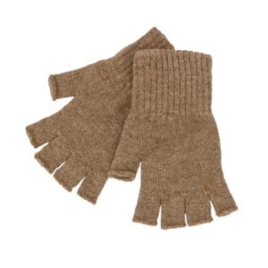 A pair of fingerless gloves with one finger up.