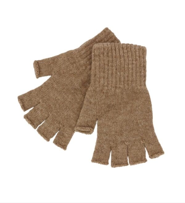 A pair of fingerless gloves with one finger up.