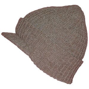 A brown knitted hat with a visor on top of it.